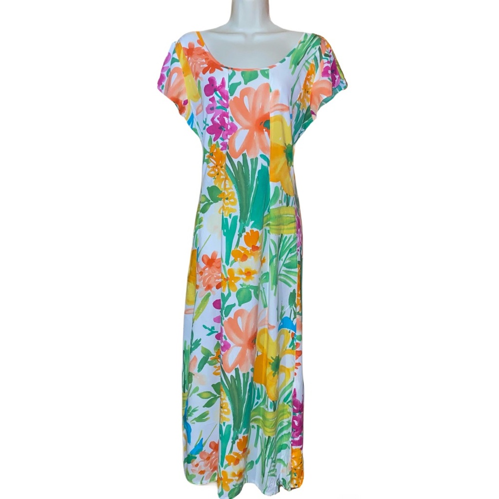 JAMS WORLD SCOOP NECK WATERCOLOR FLOWY FLORAL LINEN LIKE CAP SLEEVE MAXI DRESS